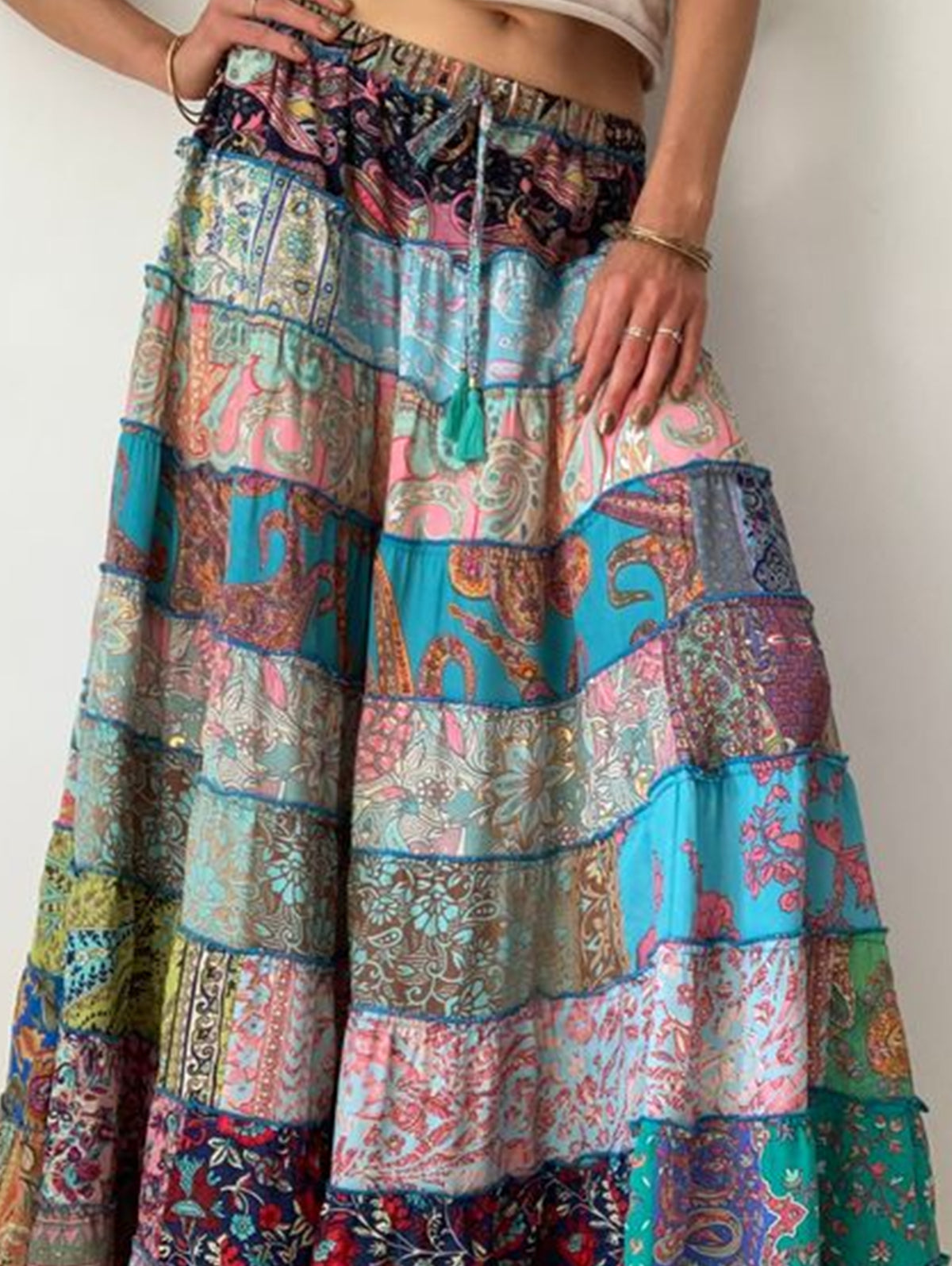 Bohemian Patchwork Elastic Waist Big Swing Maxi Tiered Skirt