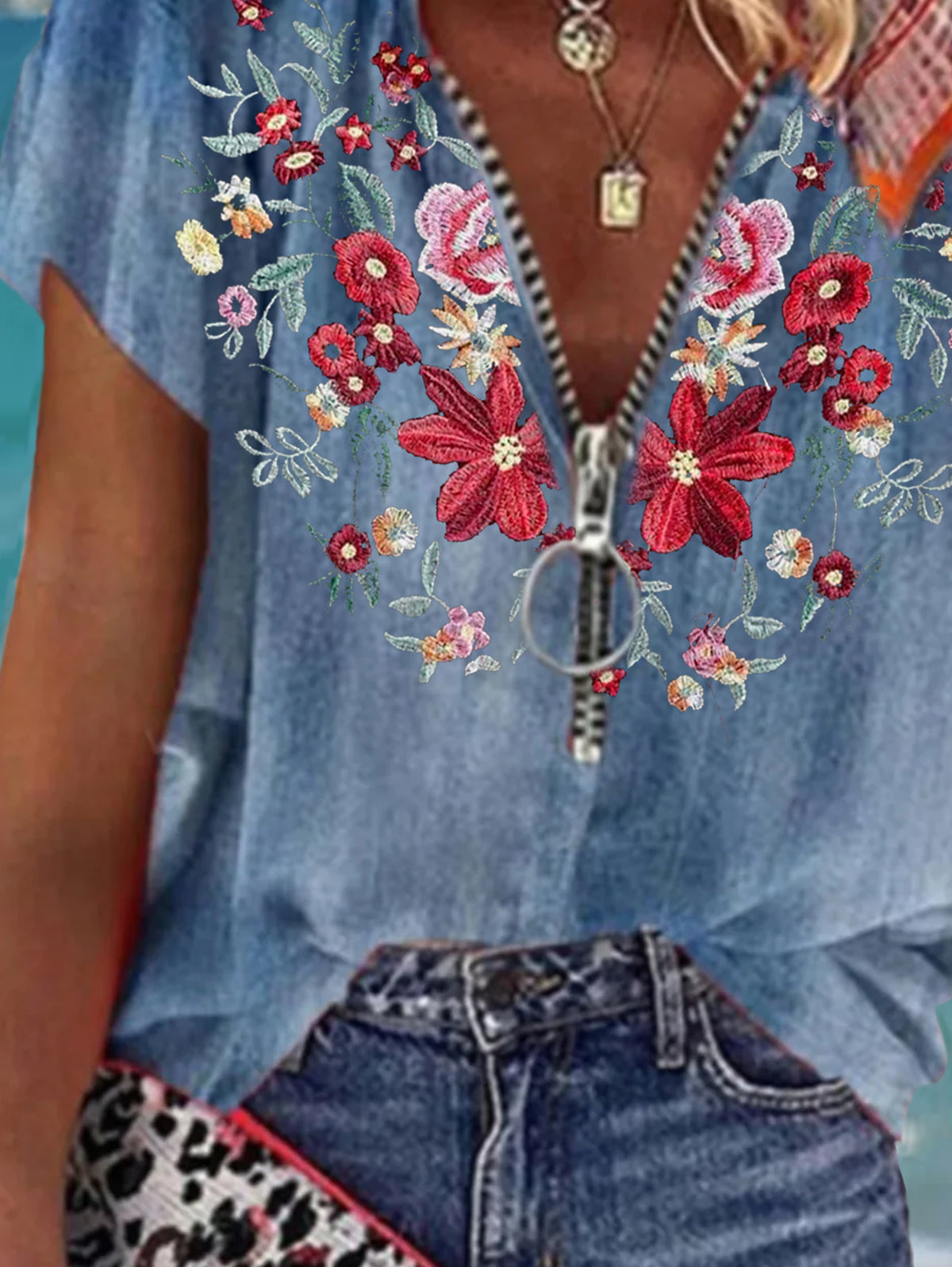 UR Casual Floral Zipper Short Sleeve Loose Denim Shirt