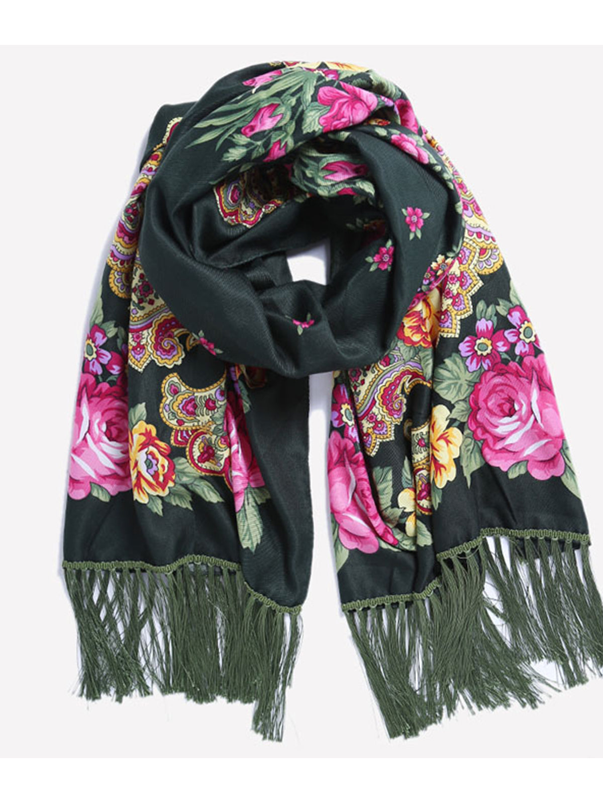 Floral Fringed Trim Ethnic Thermal Scarf