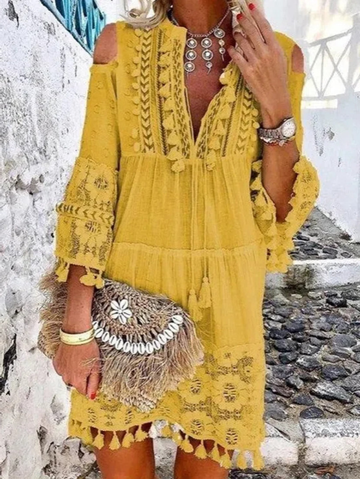 Women's Elegant Lace Fringe Stitching Shift Dress