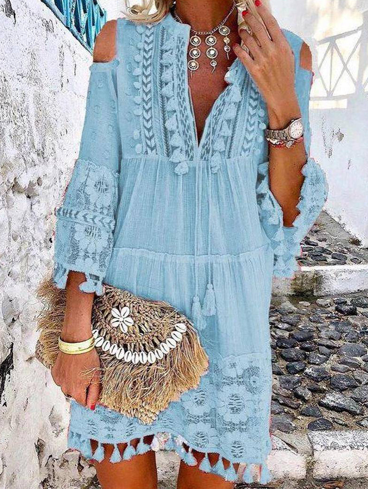 Women's Elegant Lace Fringe Stitching Shift Dress