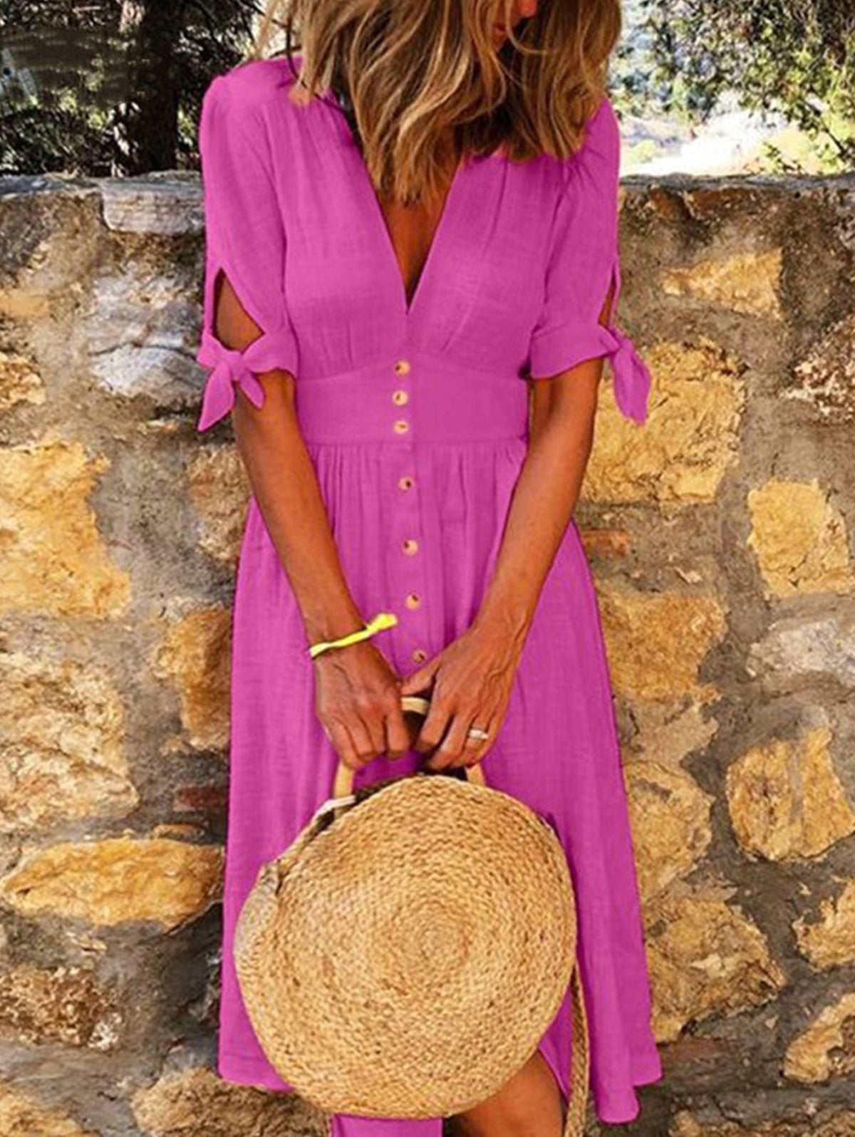 Casual Plain Deep V Neck Short Sleeve Tunic Dress