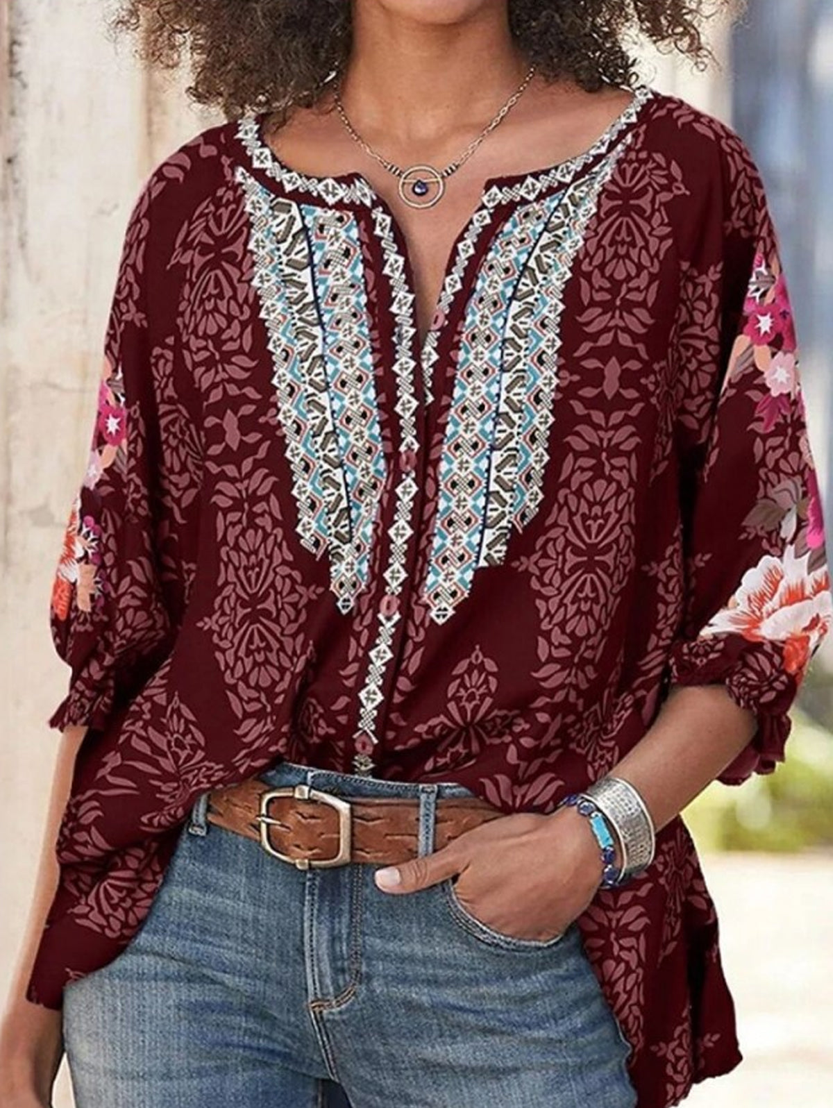 Ethnic Floral Round Neck Buttoned Blouse