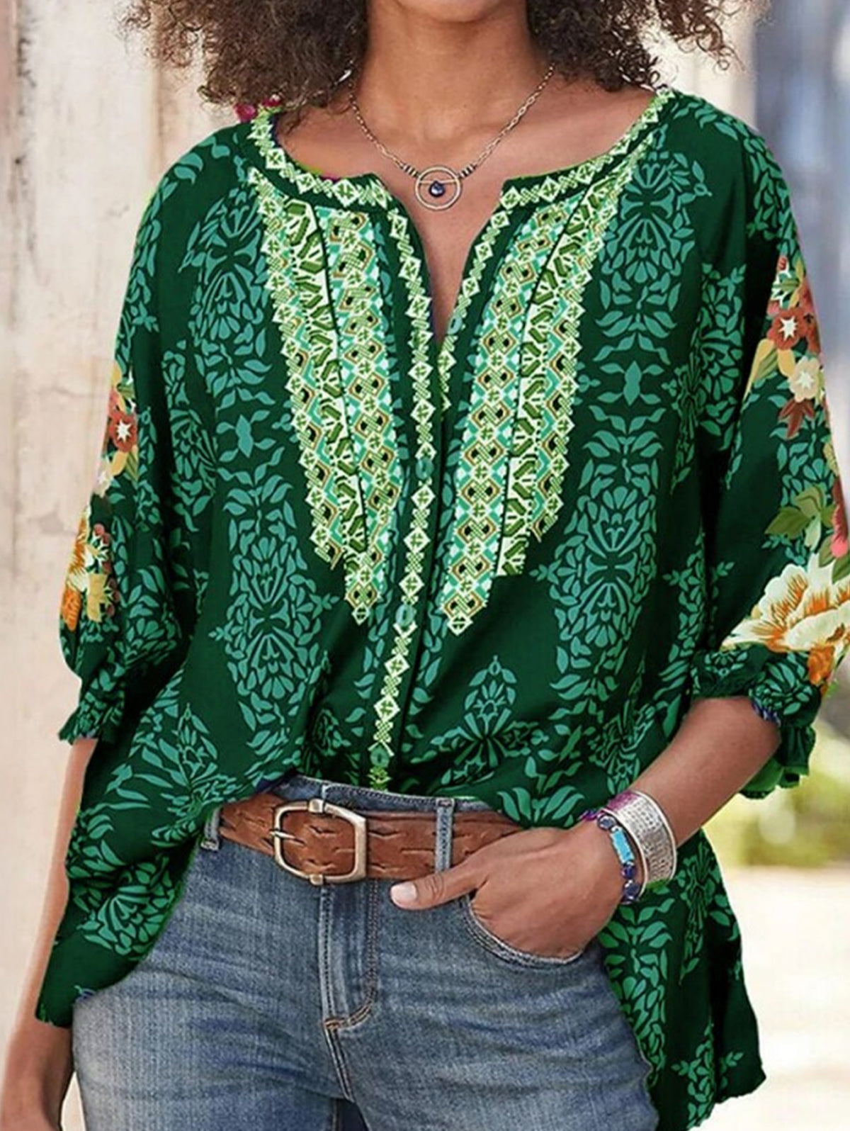 Ethnic Floral Round Neck Buttoned Blouse