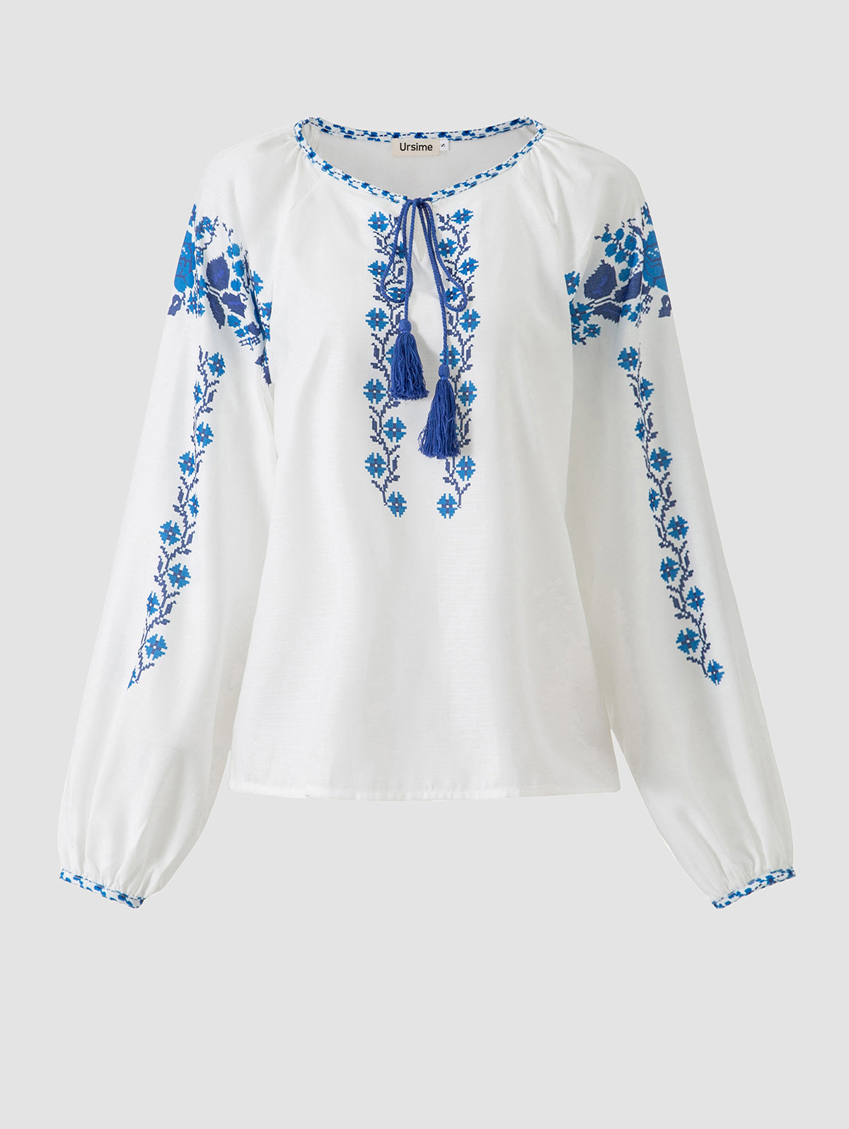 Crew Neck Tassel Detail Lantern Sleeve Printed Top