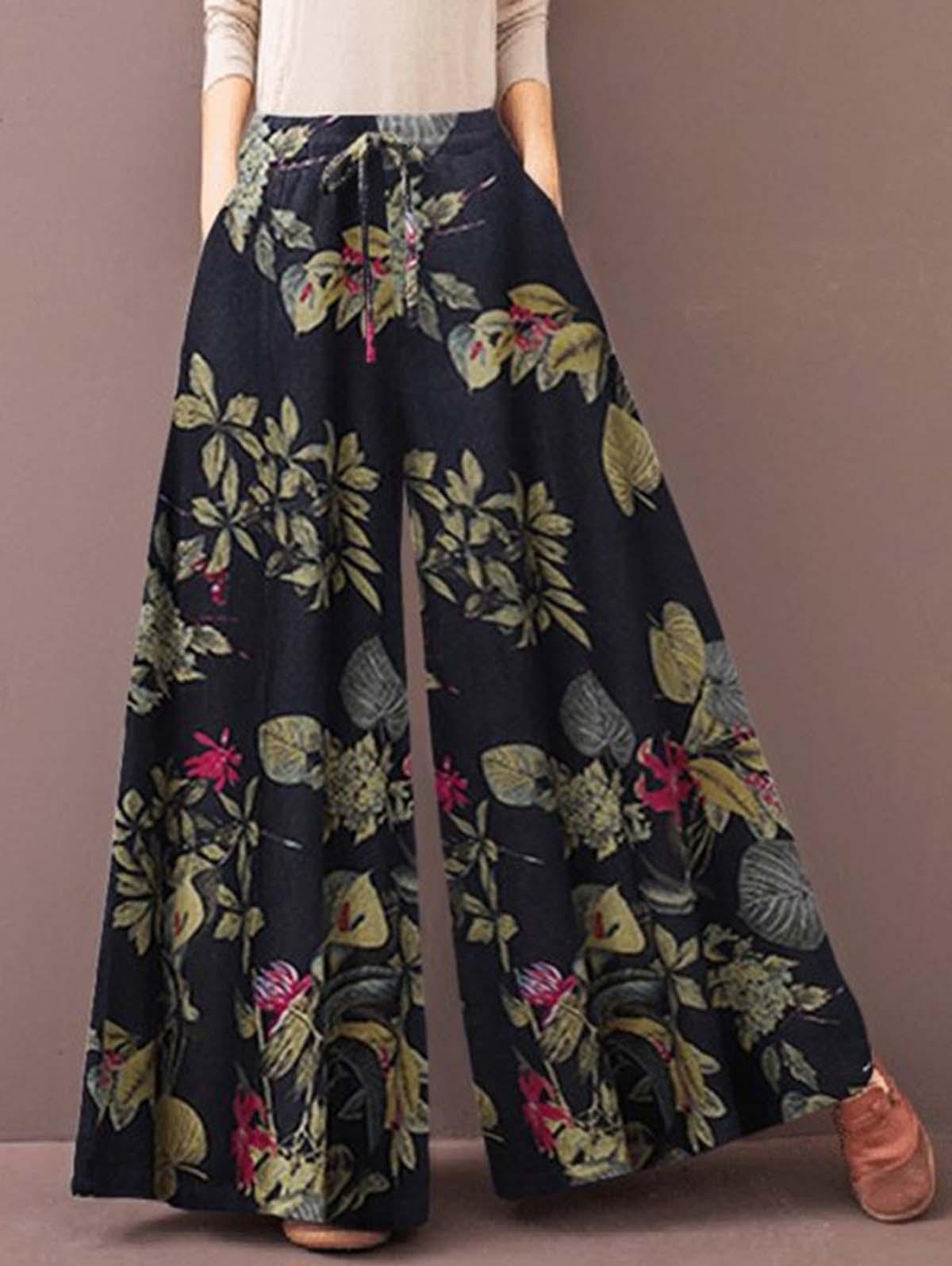 Floral Print Drawstring Casual Wide Leg Pants