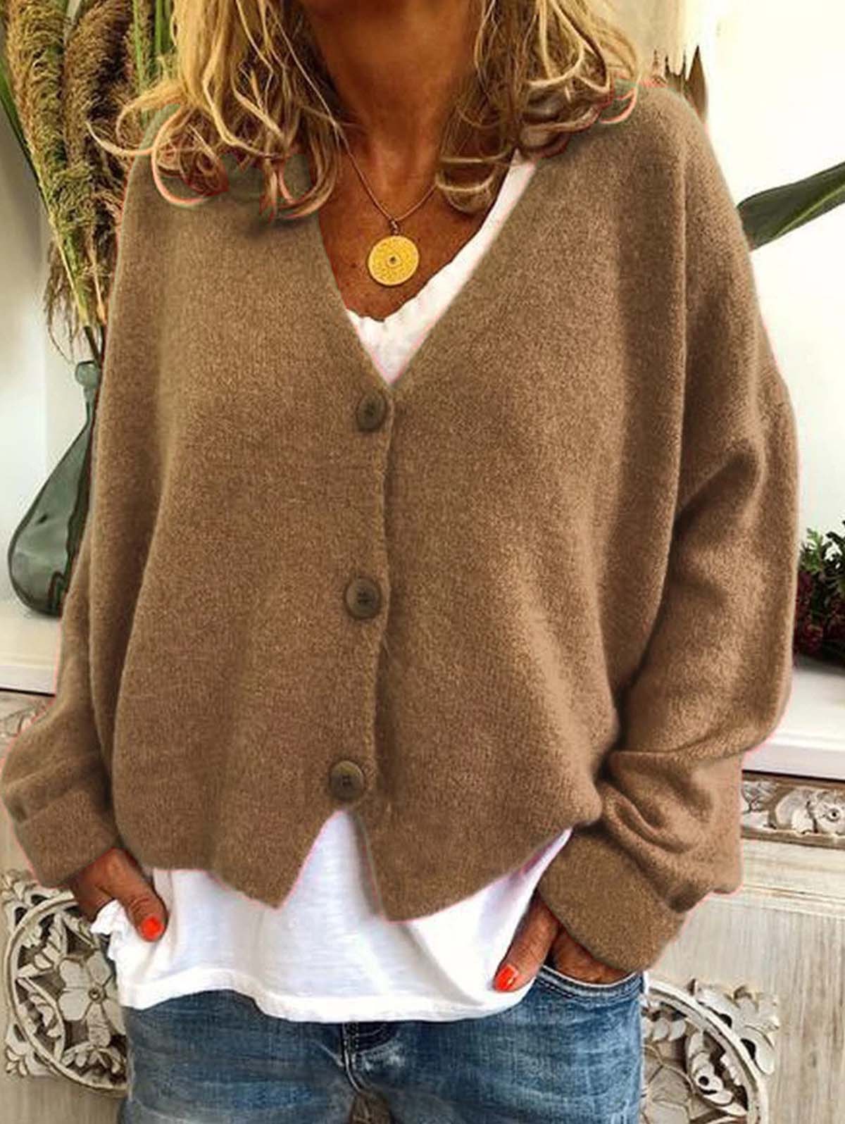 Solid Color Drop Shoulder Single-breasted Knitted Coat