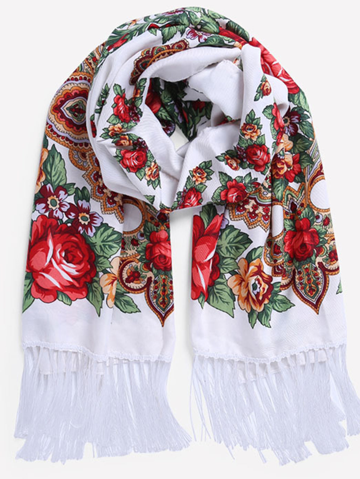 Floral Fringed Trim Ethnic Thermal Scarf