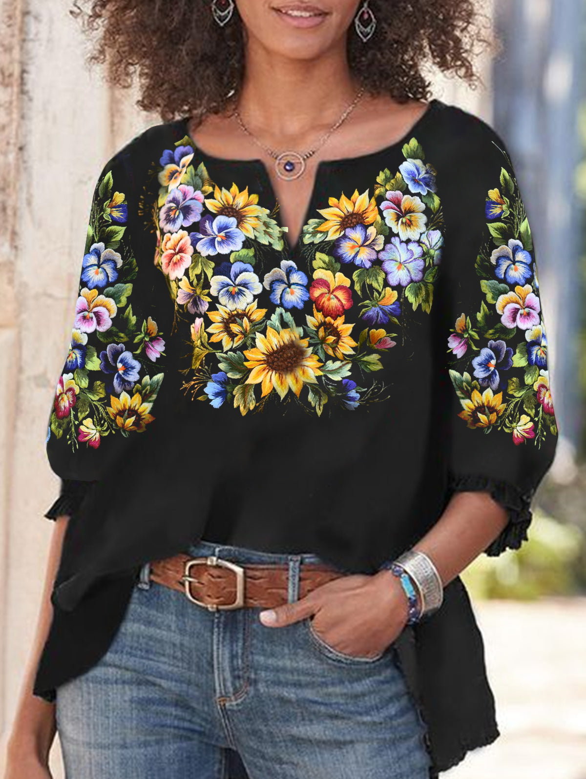 UR Floral Pattern Notched Neck 3/4 Sleeve Blouse