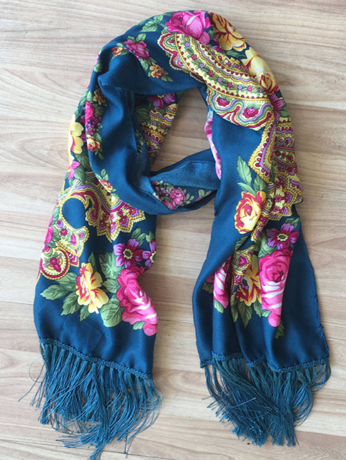 Floral Fringed Trim Ethnic Thermal Scarf