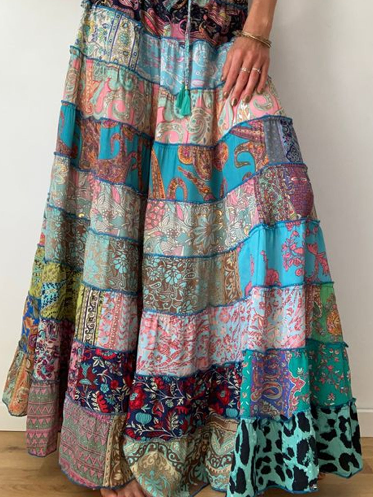 Bohemian Patchwork Elastic Waist Big Swing Maxi Tiered Skirt