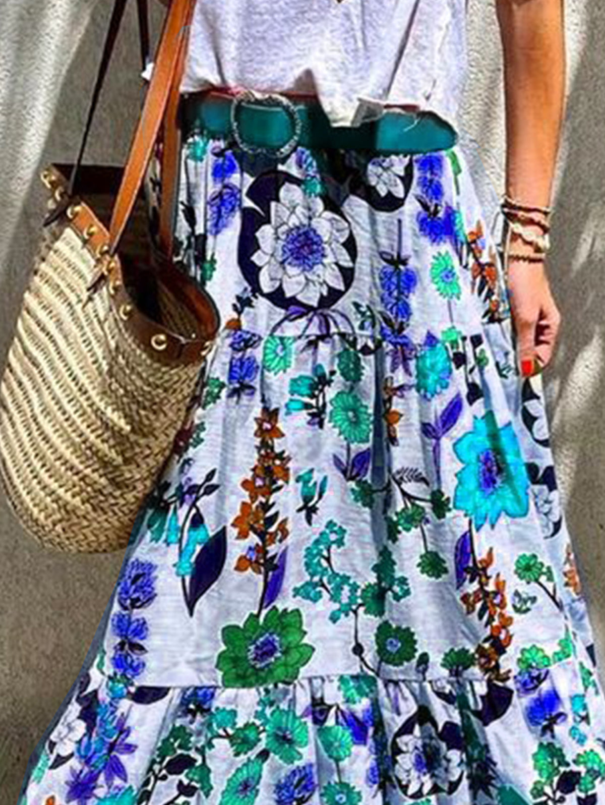 Bohemian Floral Big Swing Tiered Hem Maxi Skirt