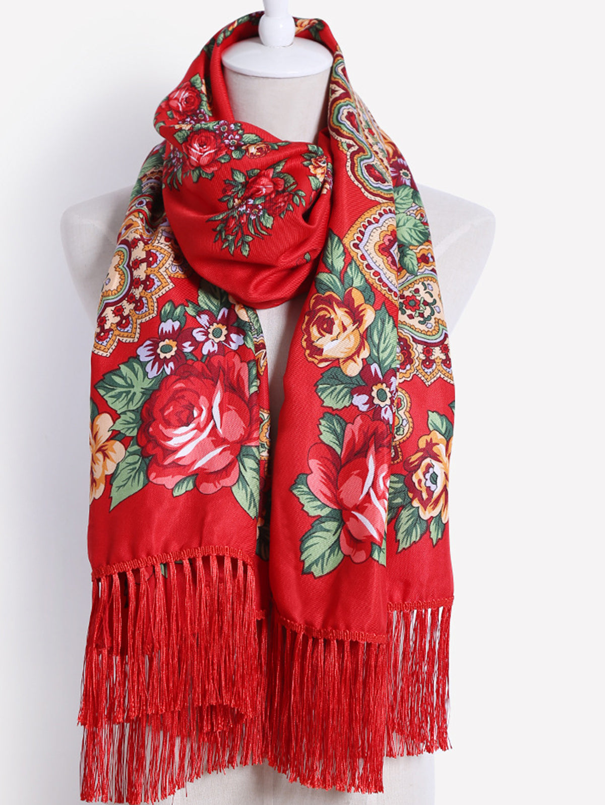 Floral Fringed Trim Ethnic Thermal Scarf