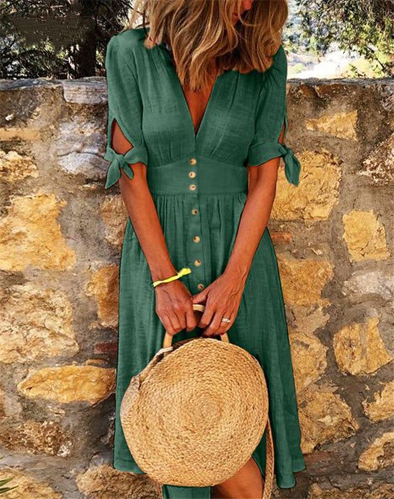 Casual Plain Deep V Neck Short Sleeve Tunic Dress