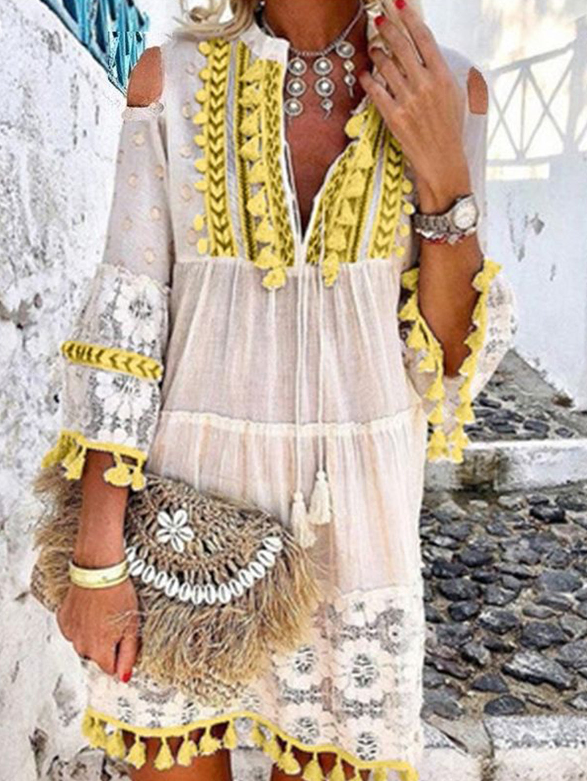 Women's Elegant Lace Fringe Stitching Shift Dress