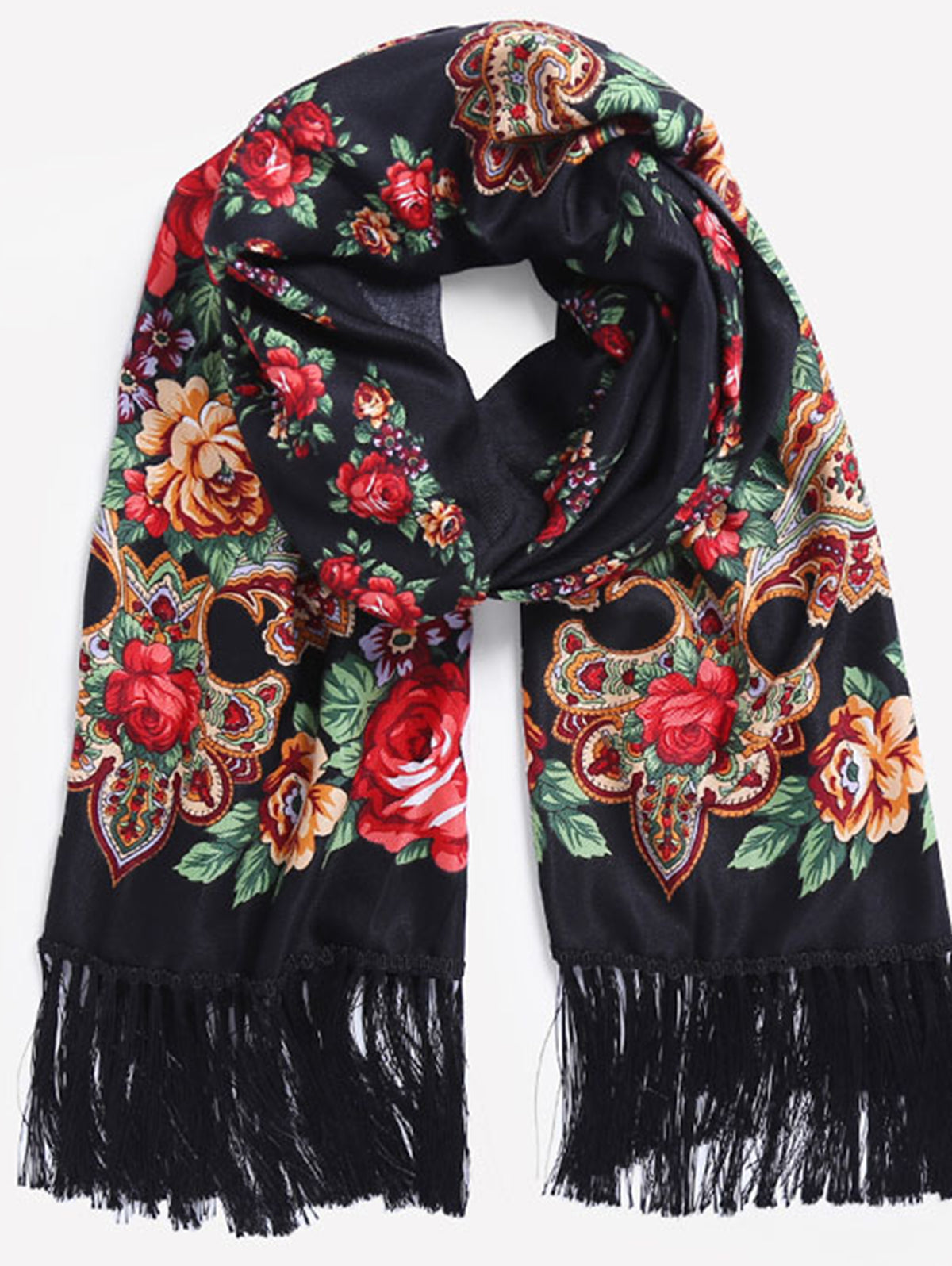 Floral Fringed Trim Ethnic Thermal Scarf