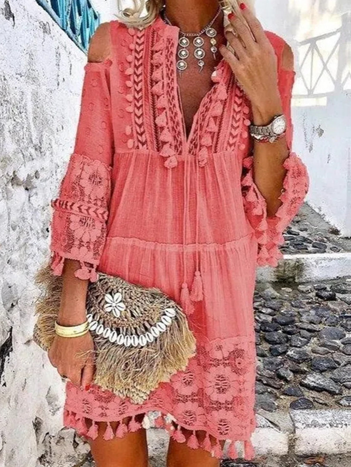 Women's Elegant Lace Fringe Stitching Shift Dress