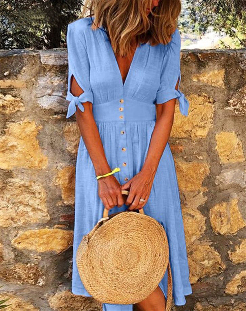 Casual Plain Deep V Neck Short Sleeve Tunic Dress