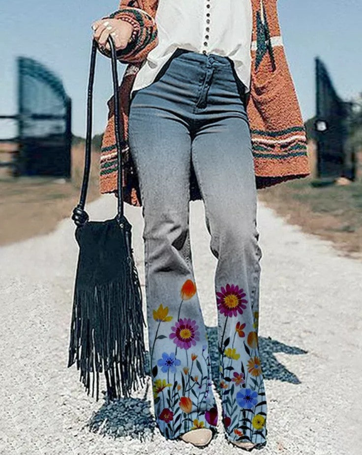 Casual Floral Wide Leg Jeans