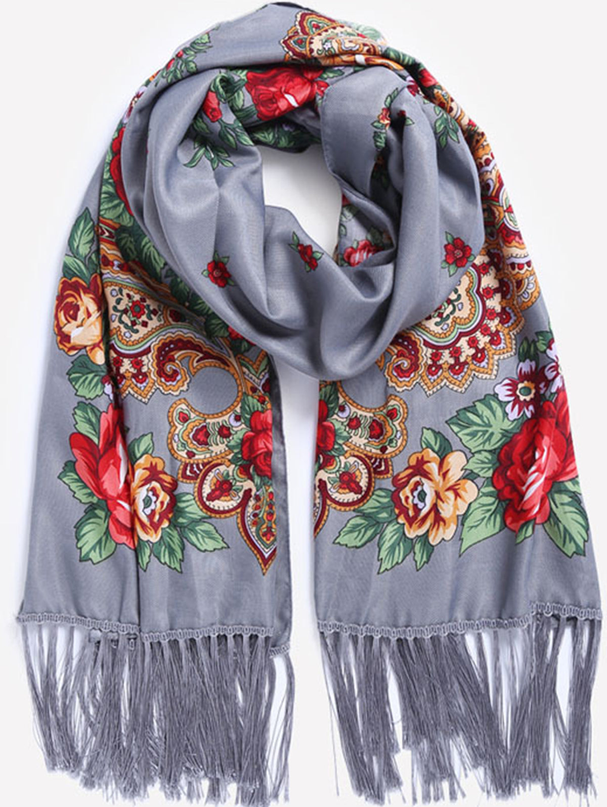 Floral Fringed Trim Ethnic Thermal Scarf