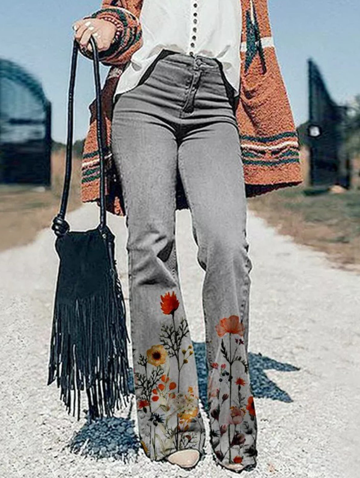 Casual Floral Wide Leg Jeans