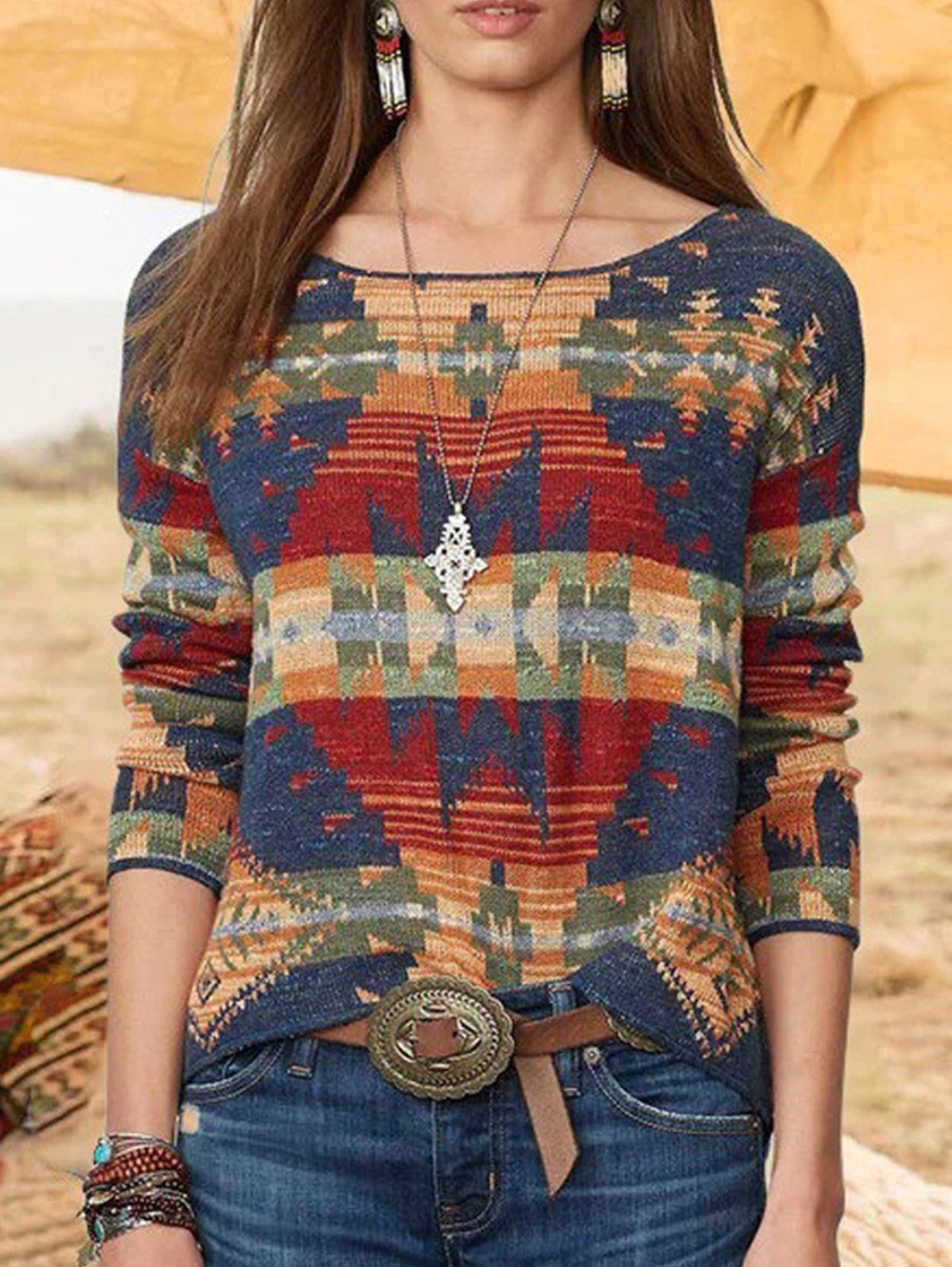 Ethnic Geo Pattern Boat Neck Knit Sweater