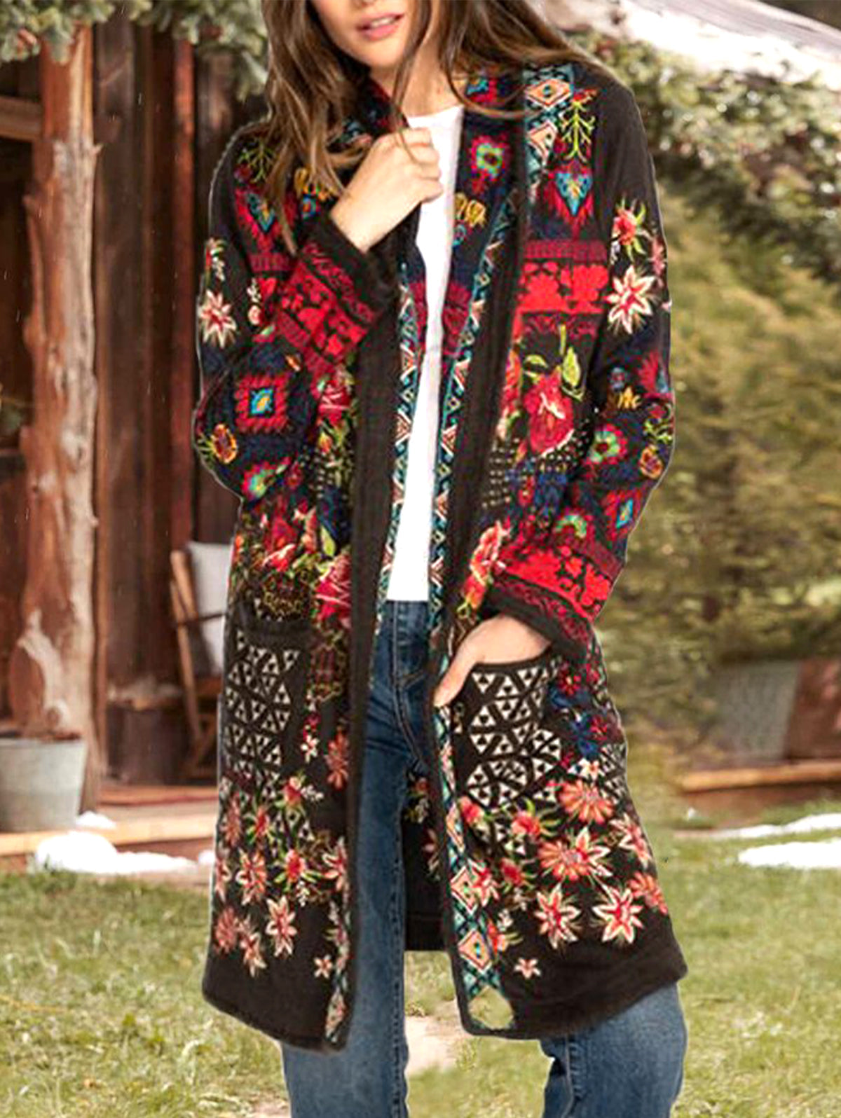 Contrast Trim Floral Dual Pocket Coat