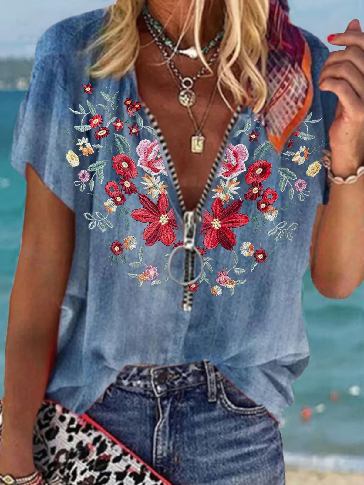 UR Casual Floral Zipper Short Sleeve Loose Denim Shirt