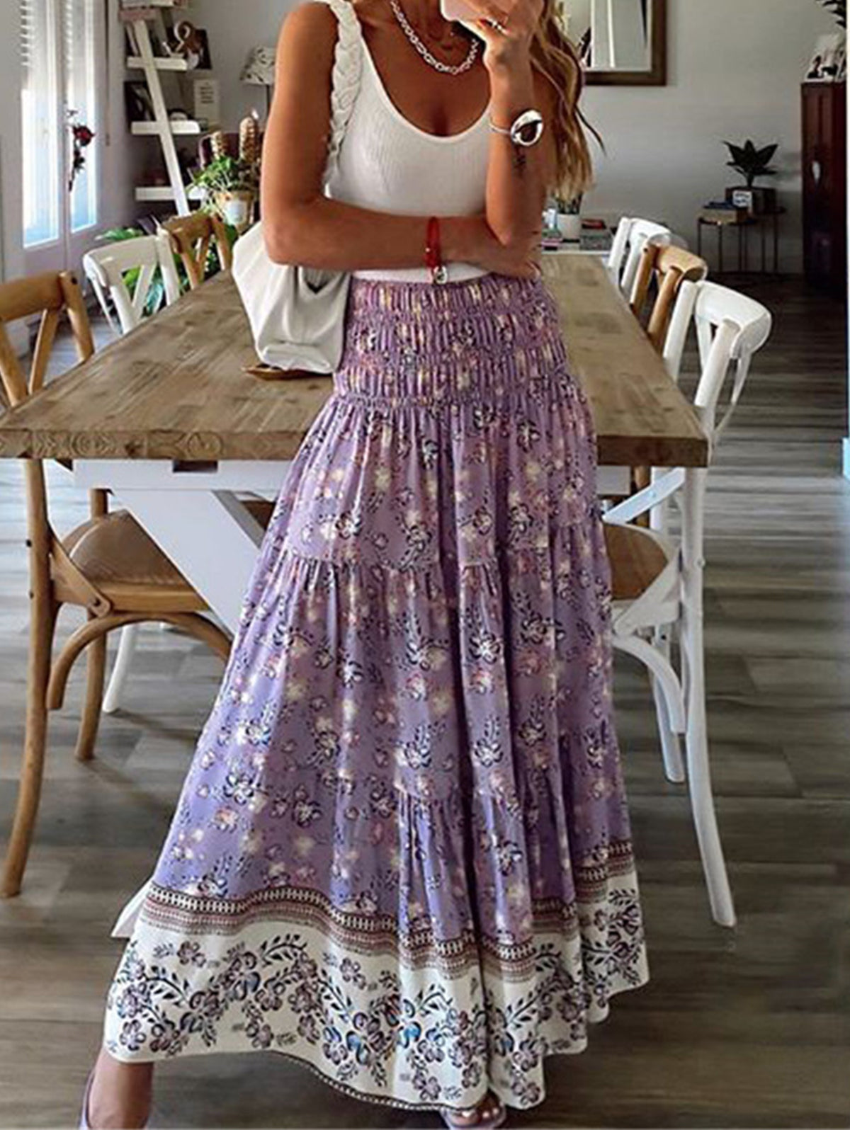 Casual High Waist Floral Print Ruffle Hem Skirt