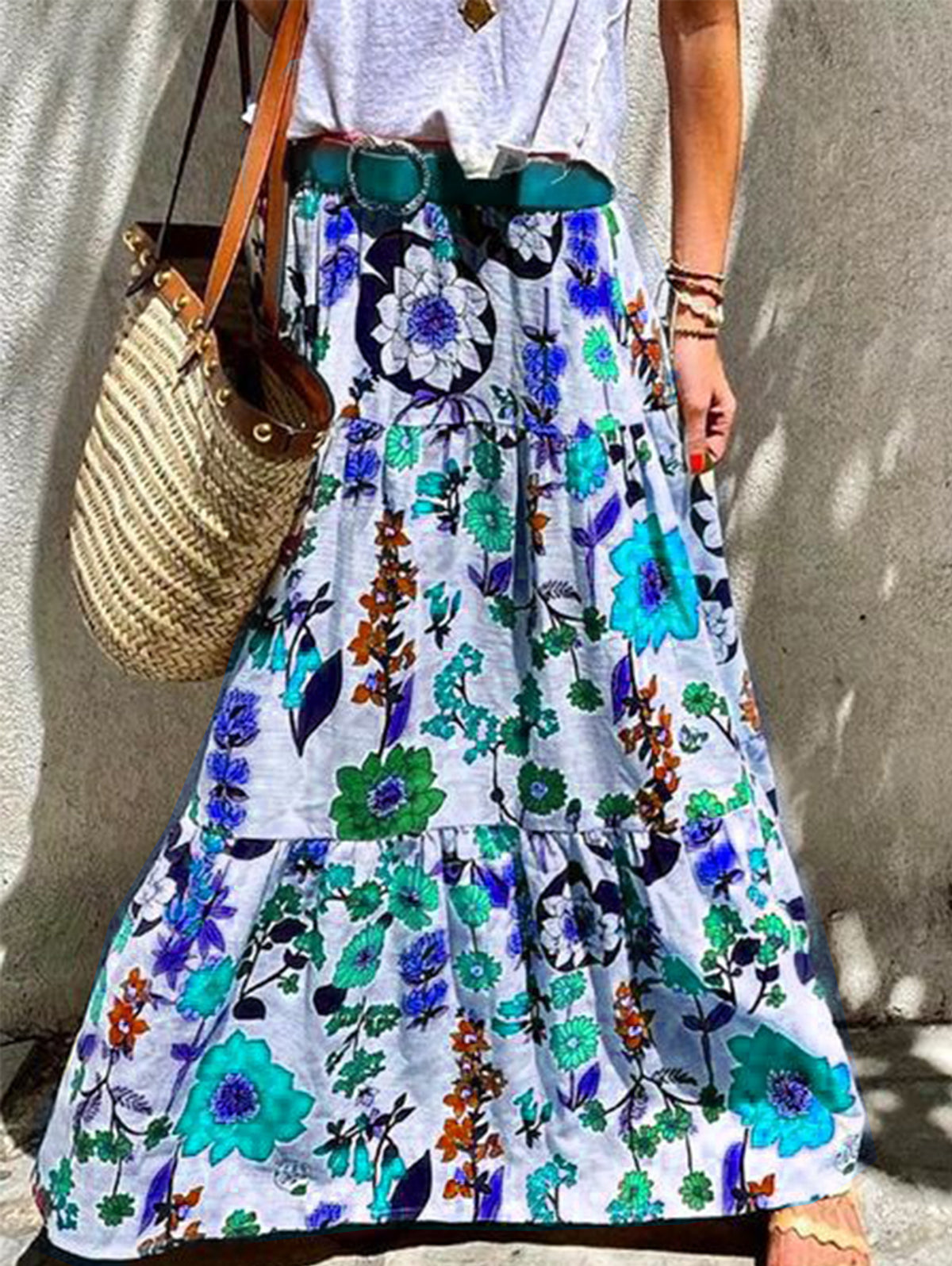 Bohemian Floral Big Swing Tiered Hem Maxi Skirt