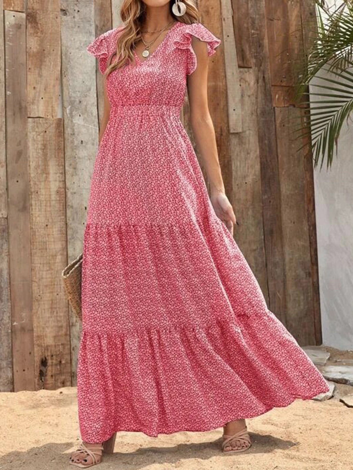 Cute V Neck Floral Ruffle Sleeve Tiered Hem Maxi Dress