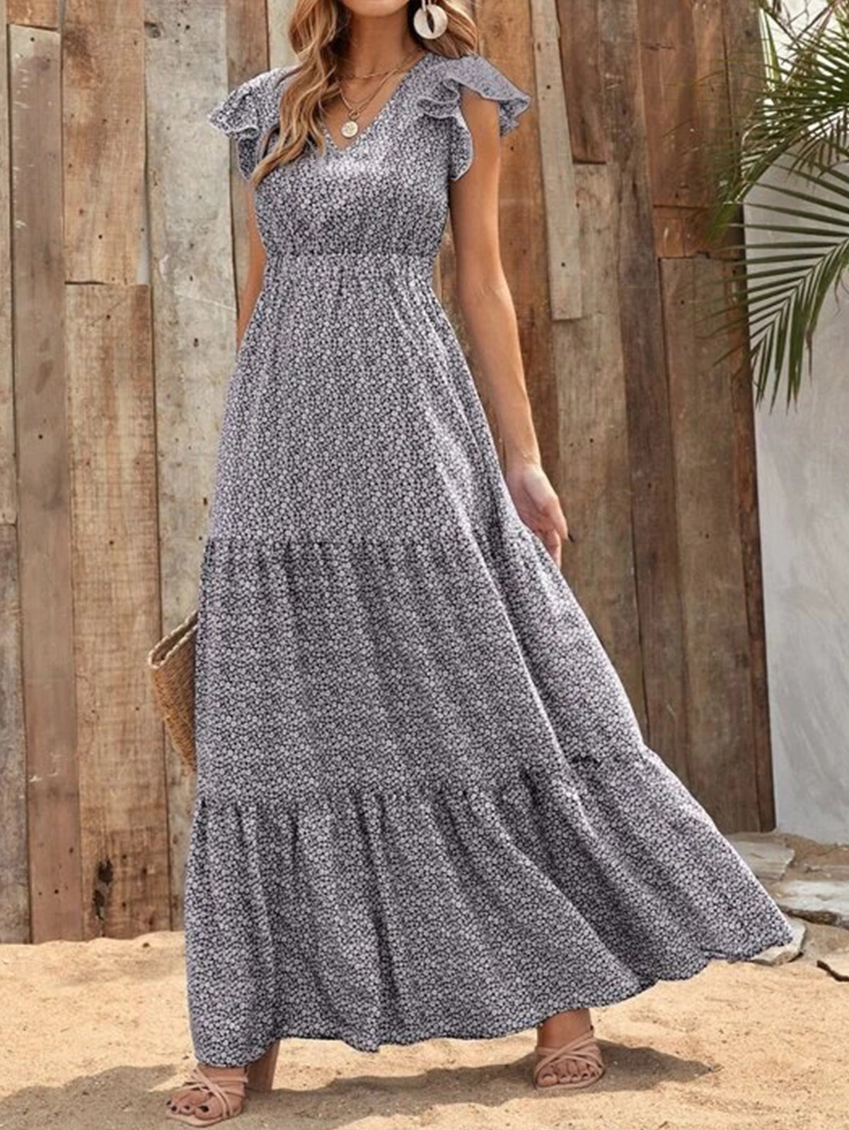 Cute V Neck Floral Ruffle Sleeve Tiered Hem Maxi Dress