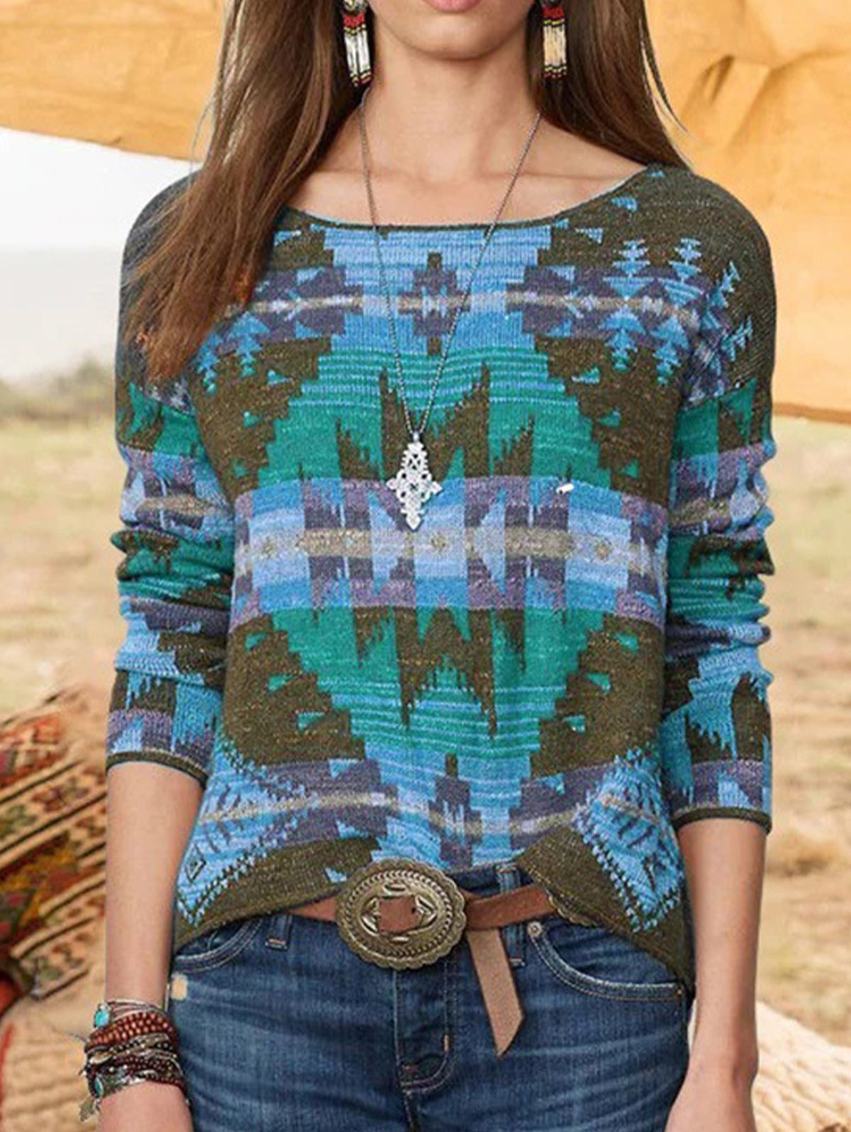 Ethnic Geo Pattern Boat Neck Knit Sweater