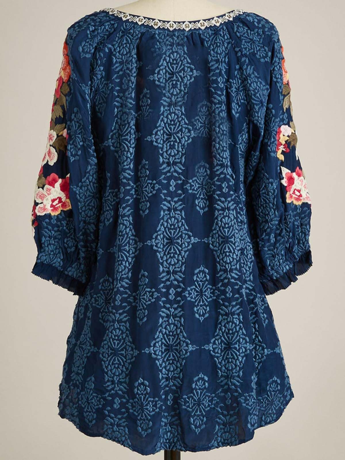 Ethnic Floral Round Neck Buttoned Blouse