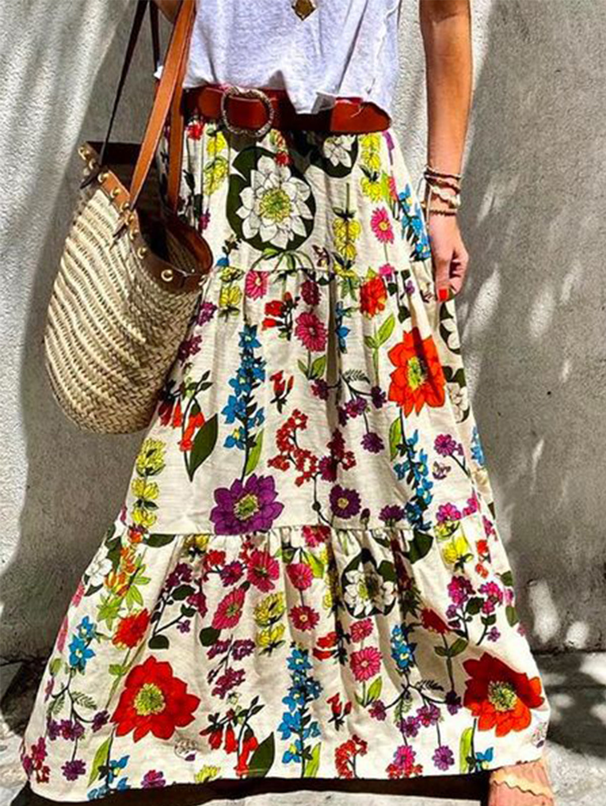 Bohemian Floral Big Swing Tiered Hem Maxi Skirt