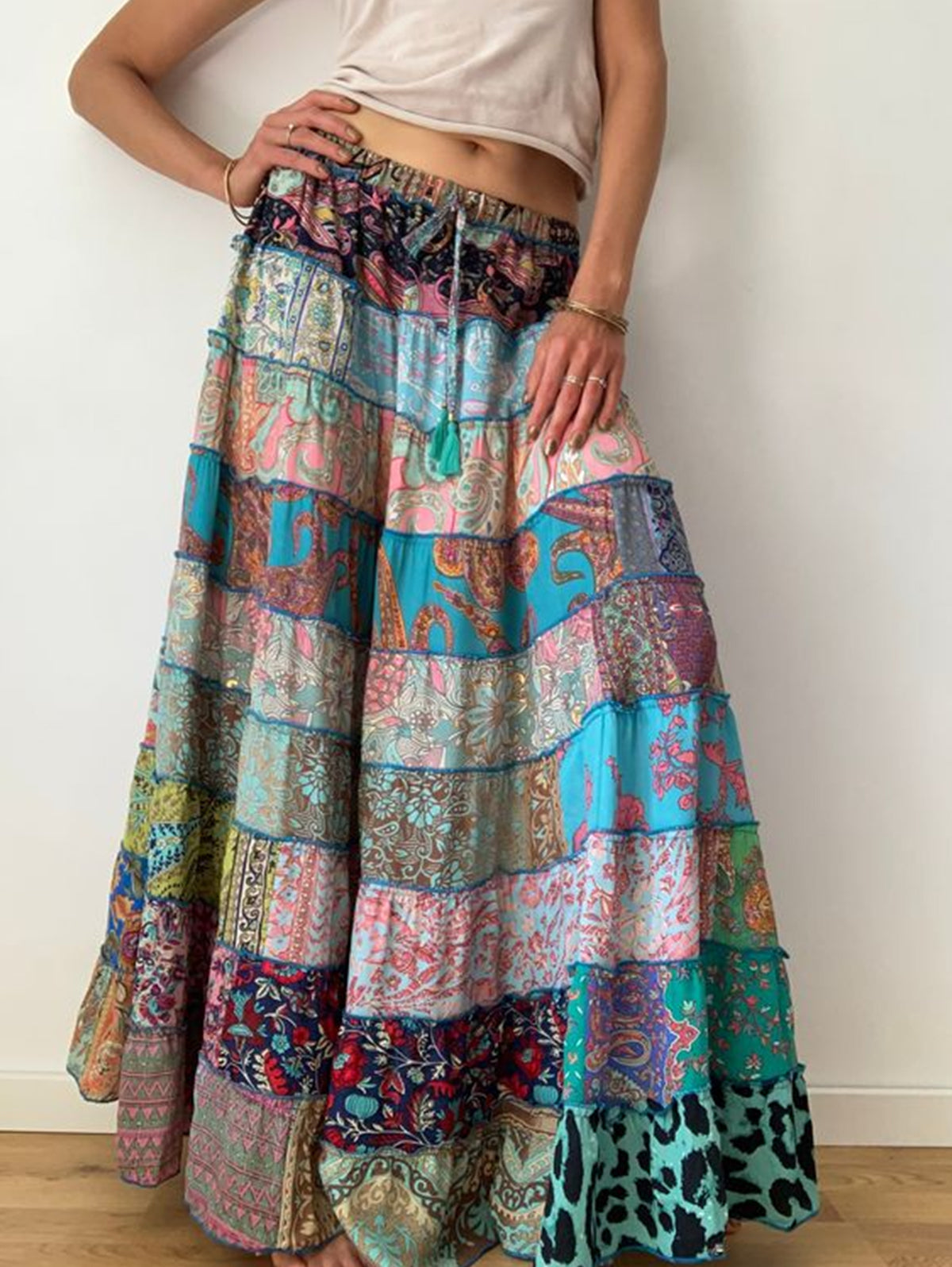 Bohemian Patchwork Elastic Waist Big Swing Maxi Tiered Skirt