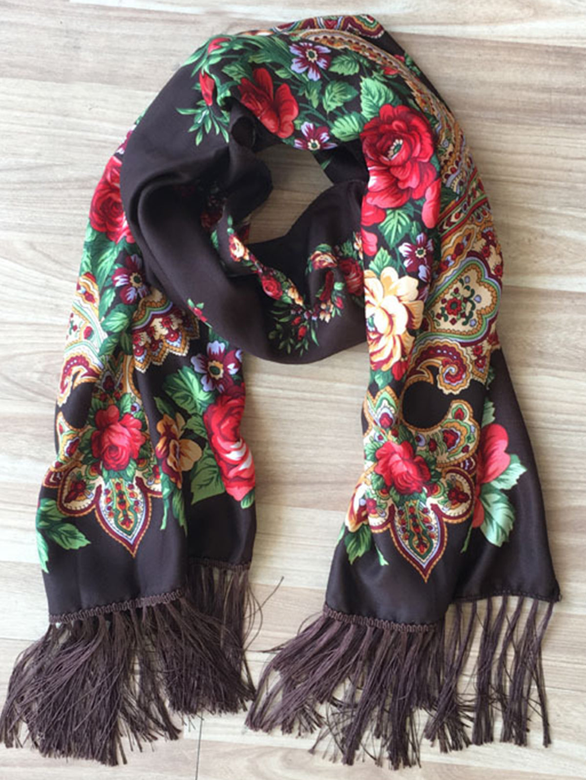 Floral Fringed Trim Ethnic Thermal Scarf