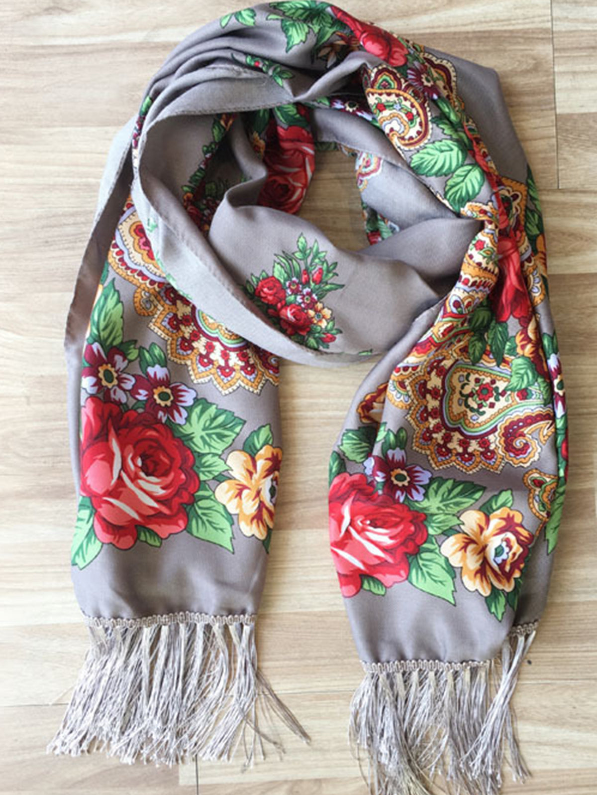 Floral Fringed Trim Ethnic Thermal Scarf