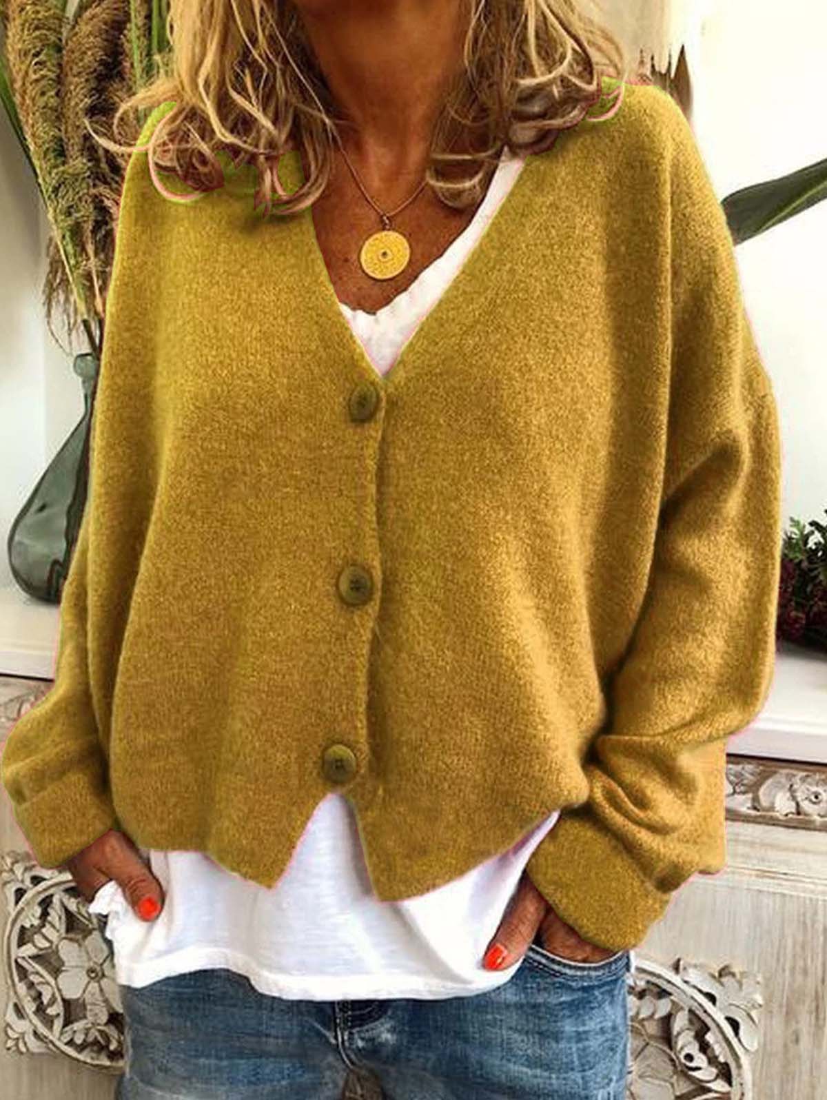 Solid Color Drop Shoulder Single-breasted Knitted Coat