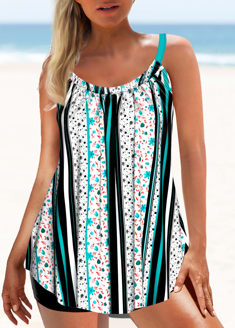 Asymmetry Green Plants Print Mid Waisted Tankini Set