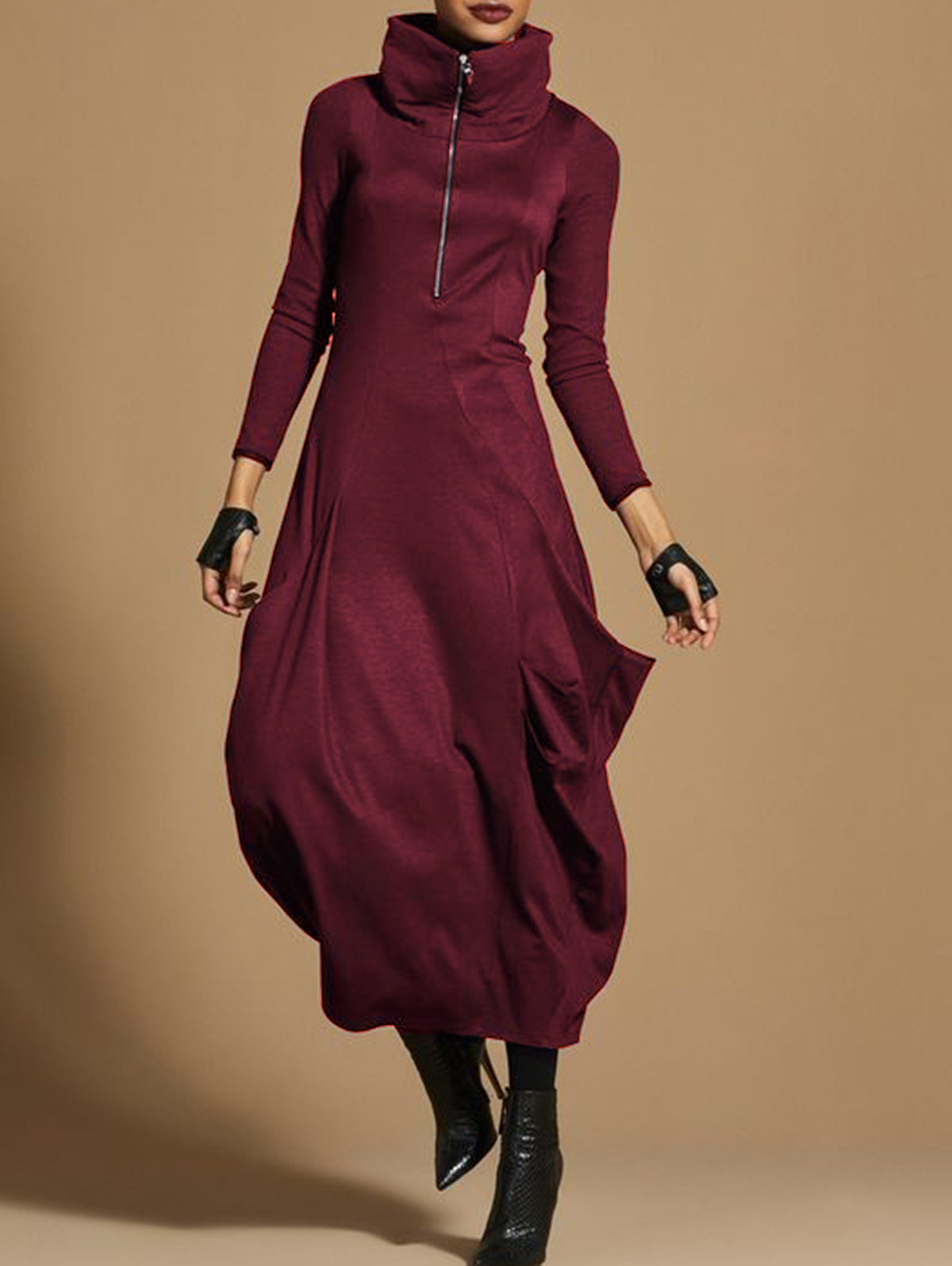 Solid Zipper Long Sleeve Turtleneck Maxi Dress