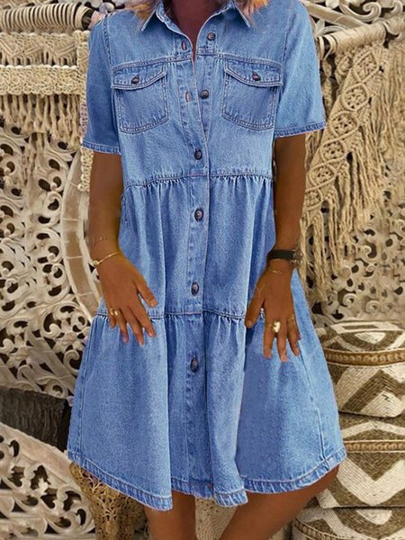 Denim Daily Casual Shirt Collar Short Sleeve Buttoned Pockets A-line Weaving Dress