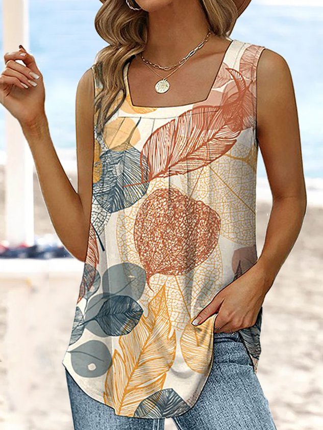 Leaf Loose Square Neck Casual Ruched Tank Top