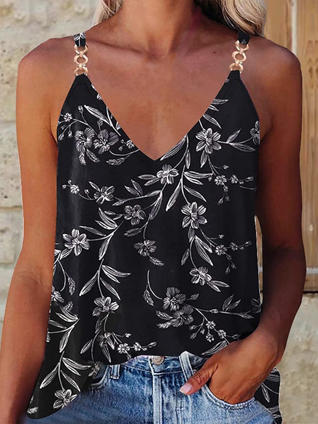 Women's Tank Top Camisole Summer Tops Camis Black White Orange Floral Print Sleeveless Holiday Weekend Streetwear Hawaiian Casual V Neck Regular Floral S