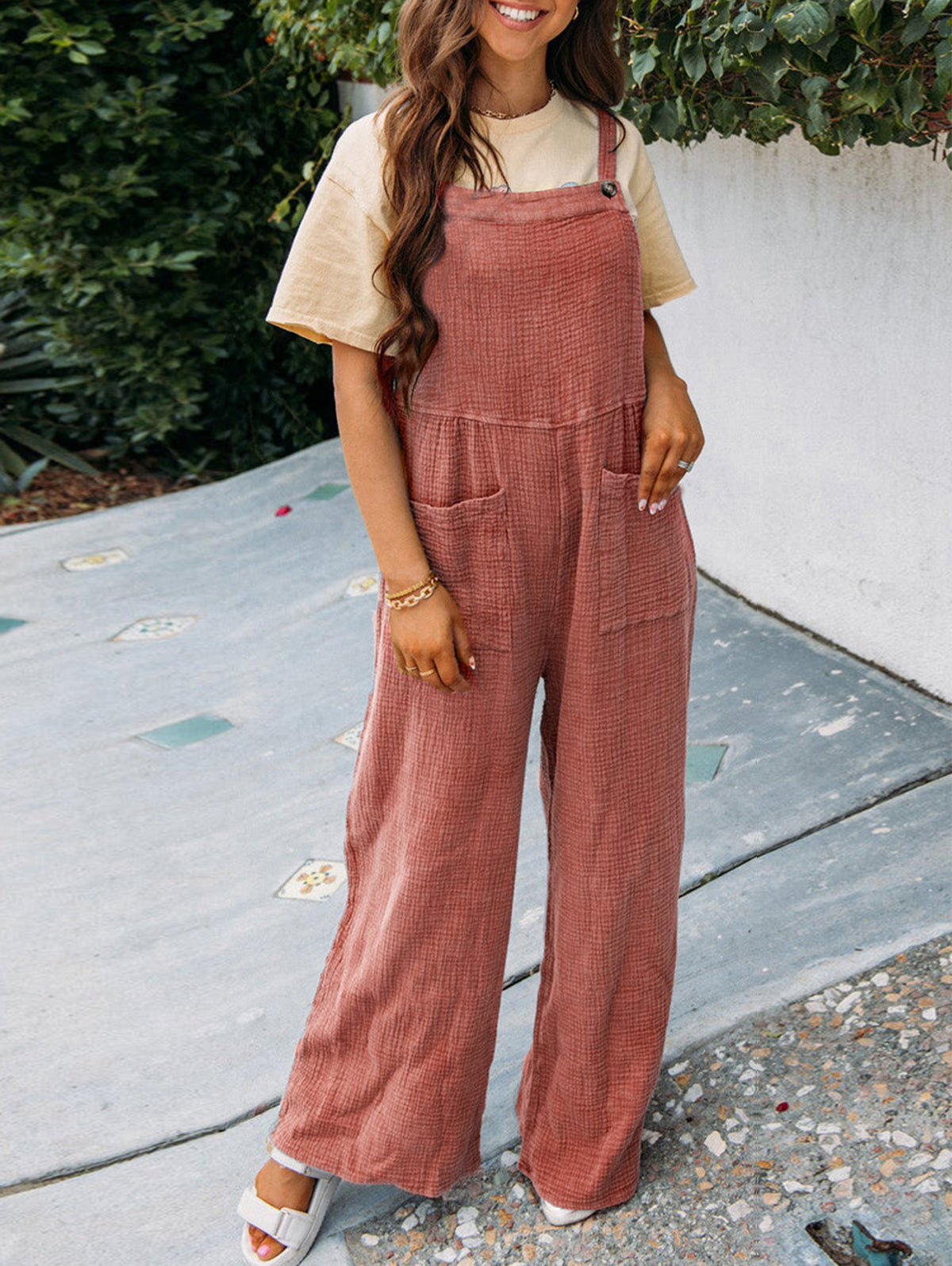 Casual Plain Sleeveless Pocket Loose Wide Leg Overalls