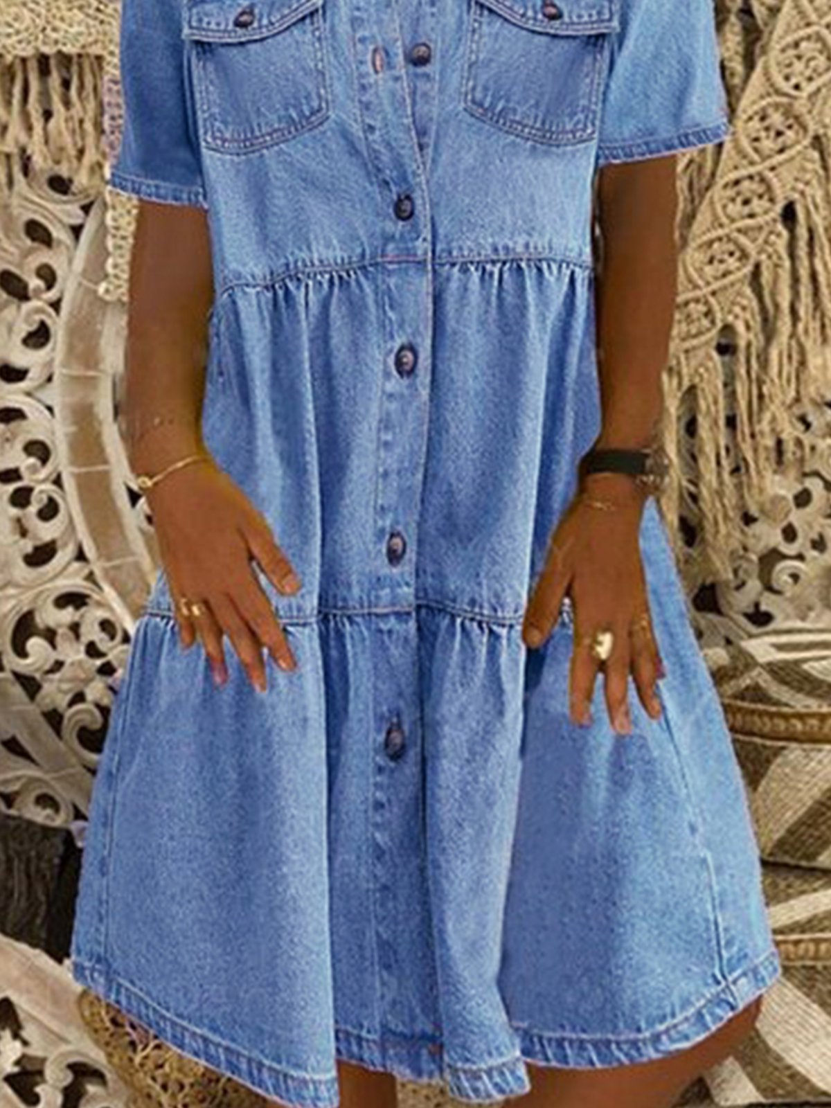 Denim Daily Casual Shirt Collar Short Sleeve Buttoned Pockets A-line Weaving Dress