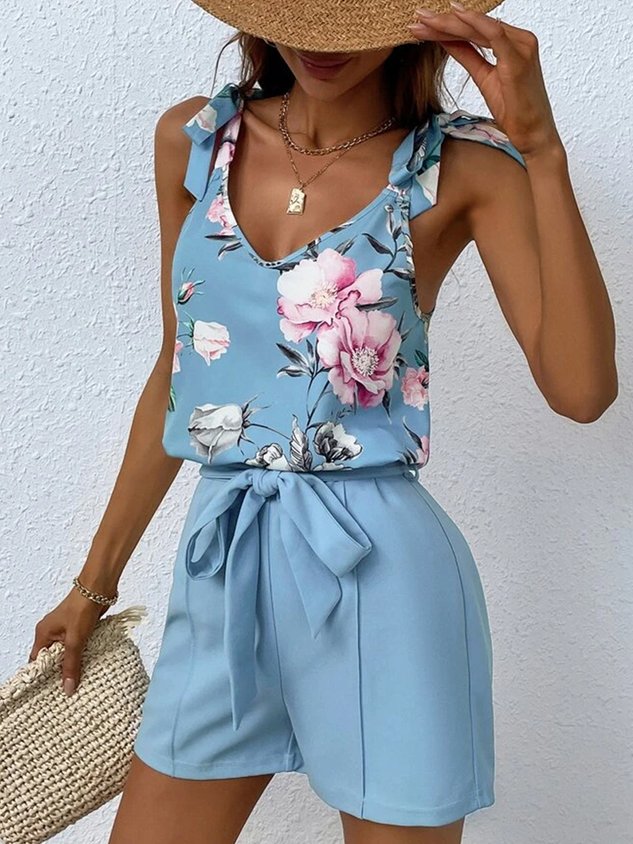 Floral V Neck Lace-Up Elegant Tank Top