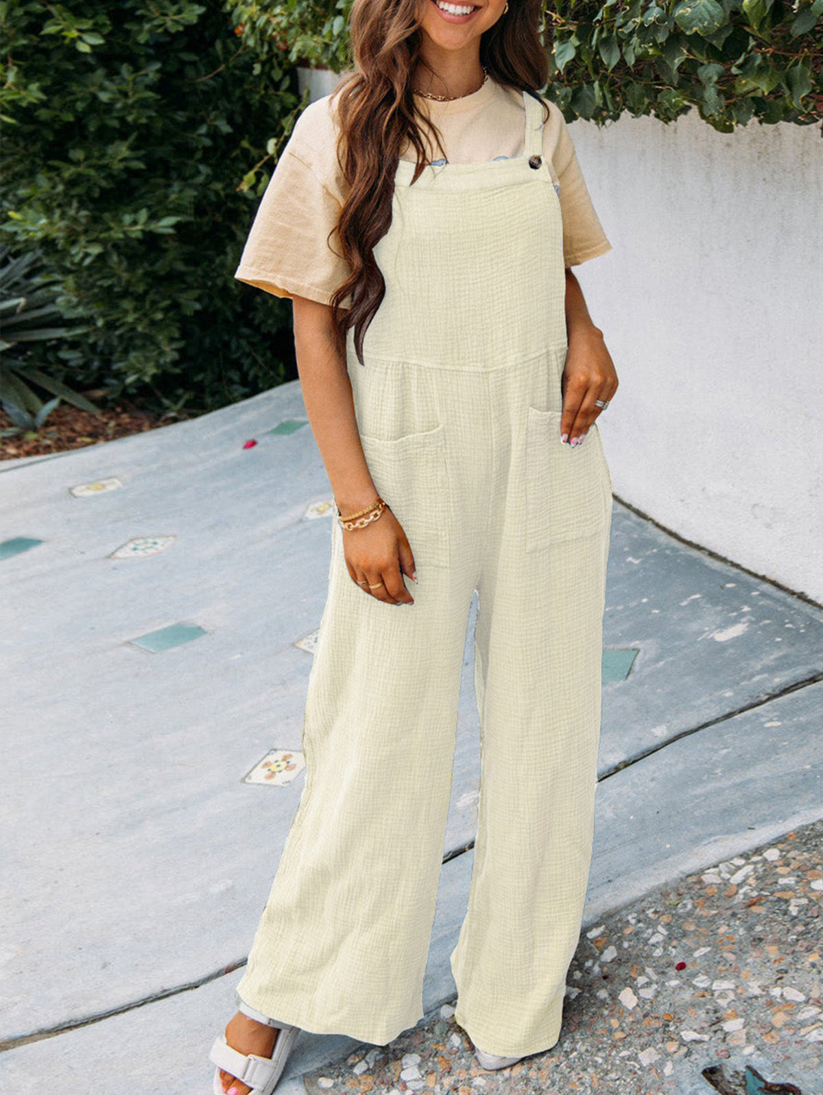 Casual Plain Sleeveless Pocket Loose Wide Leg Overalls