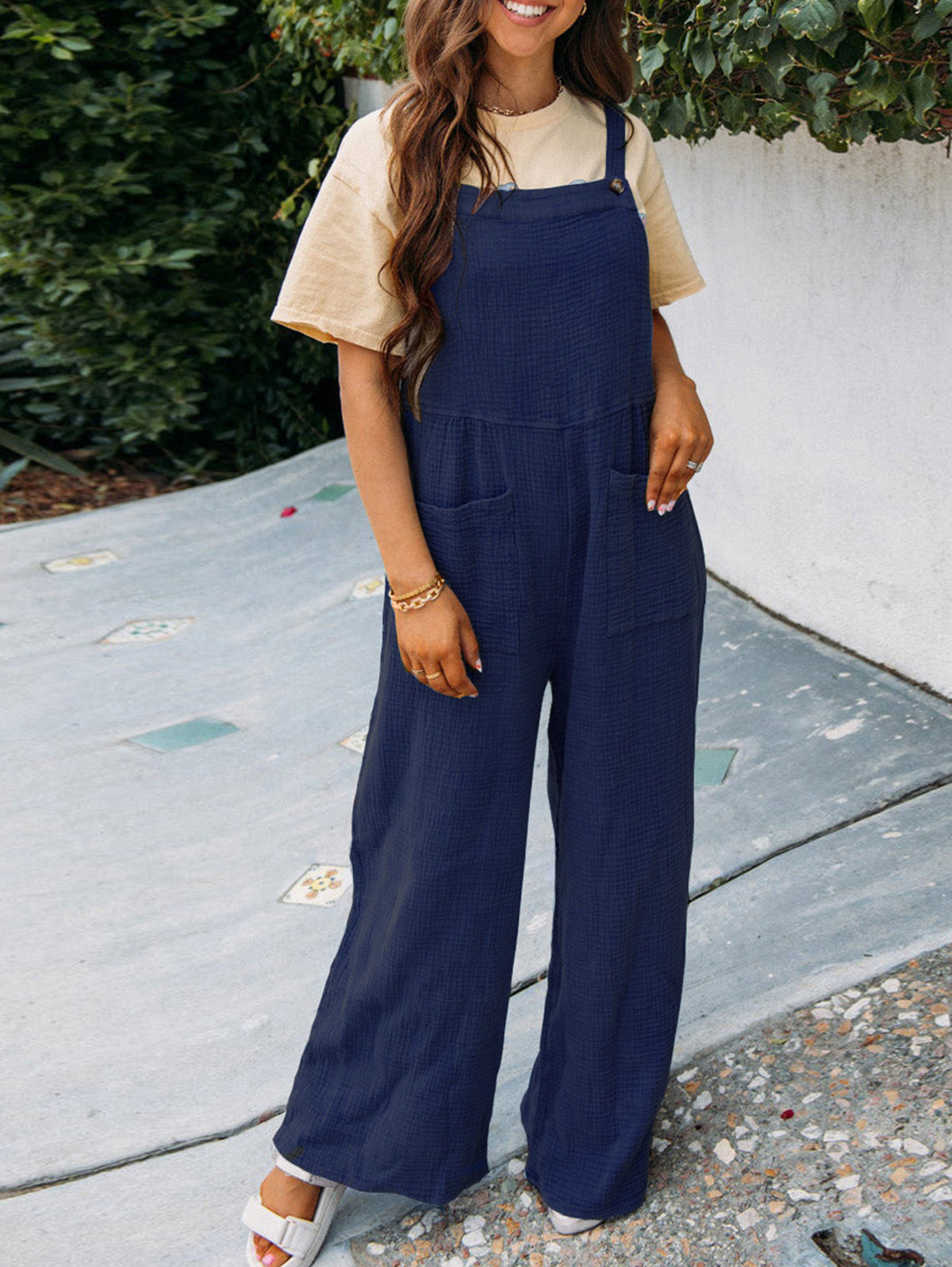 Casual Plain Sleeveless Pocket Loose Wide Leg Overalls