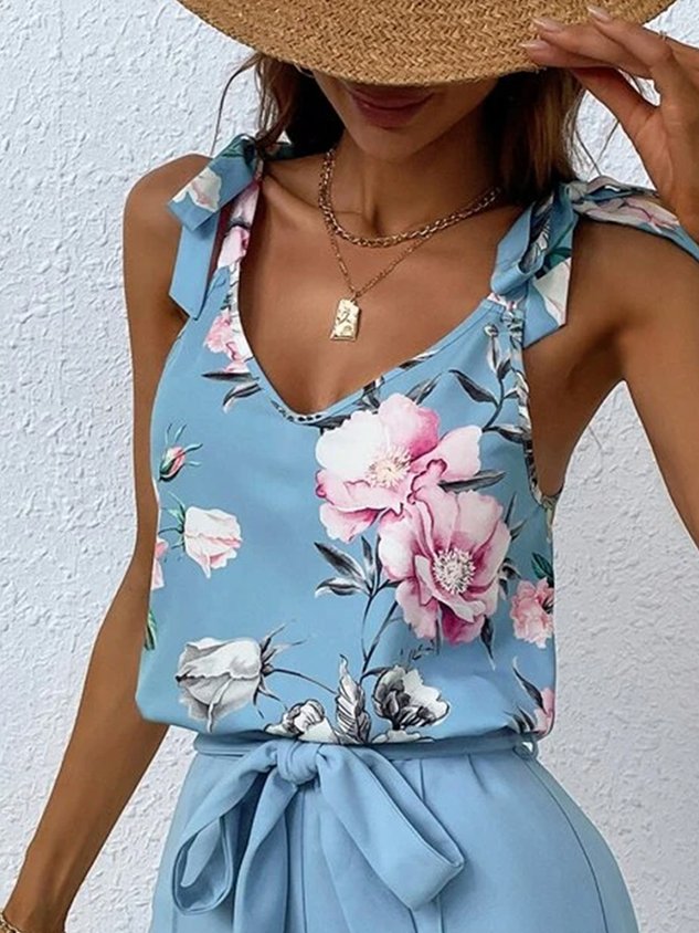 Floral V Neck Lace-Up Elegant Tank Top